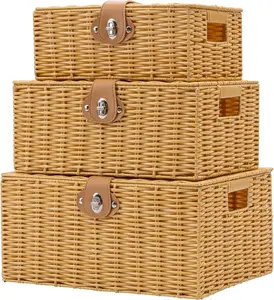 Homepeaz Wicker Storage Baskets with Lids, Set of 3 Decorative Storage Boxes