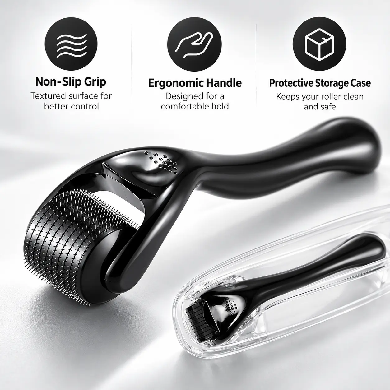 Portable Beard Derma Roller for Men, 540 Titanium Needle Facial Roller with Non-Slip Ergonomic Handle & Protective Storage Case