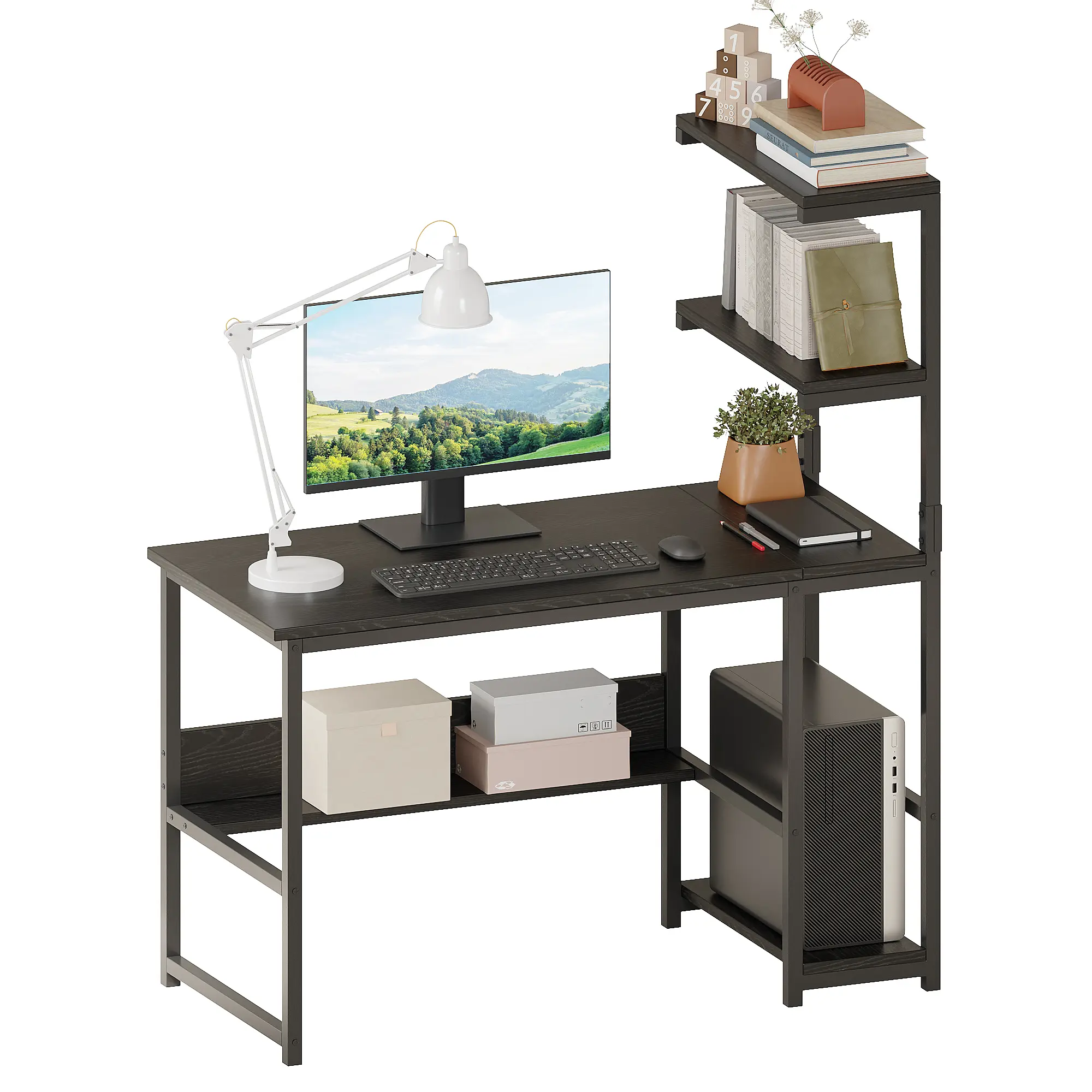 ALISENED Computer Desk, Modern Home Office Writing Desk with 4-Tier Storage Shelves & CPU Stand, Space Saving Study Table Workstation for Bedroom Small Spaces