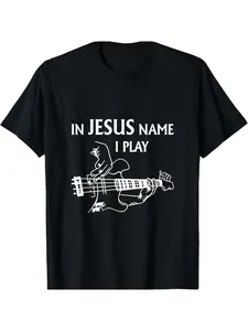 In Jesus Name I Play Bass Guitar Christian Music T-Shirt - Men's & Women's Black Graphic Tee with White Bassist Design 100% Cotton Regular Fit Round Neck Short Sleeve Shirt for Church Band & Casual Wear