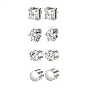 4 Pairs Stainless Steel Stylish Non-Piercing Magnetic Stud Earrings DDMS0023 Hypoallergenic CZ Men and Women