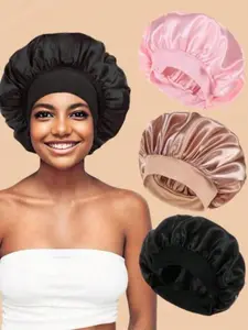 3/1 piece soft elastic satin sleep cap, curly silk hair band, women's hat, Bonnets for sleeping, solid color wide-brimmed elastic fiber, smooth satin, soft breathable, daily style, back-to-school gift, hairstyle