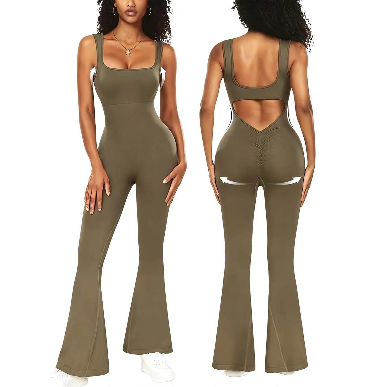 Women's Sleeveless Flare Jumpsuits Sexy Backless Bodycon V Back Scrunch Butt Yoga Rompers Seamless Workout Bodysuit