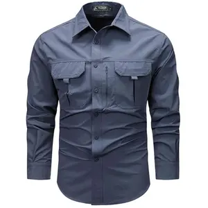 Men's Beige Long Sleeve Tactical Shirt Military Work Fishing Button Down Breathable Outdoor Hiking Shirt with Pockets Casual Top Menswear Small Black Plain Fabric