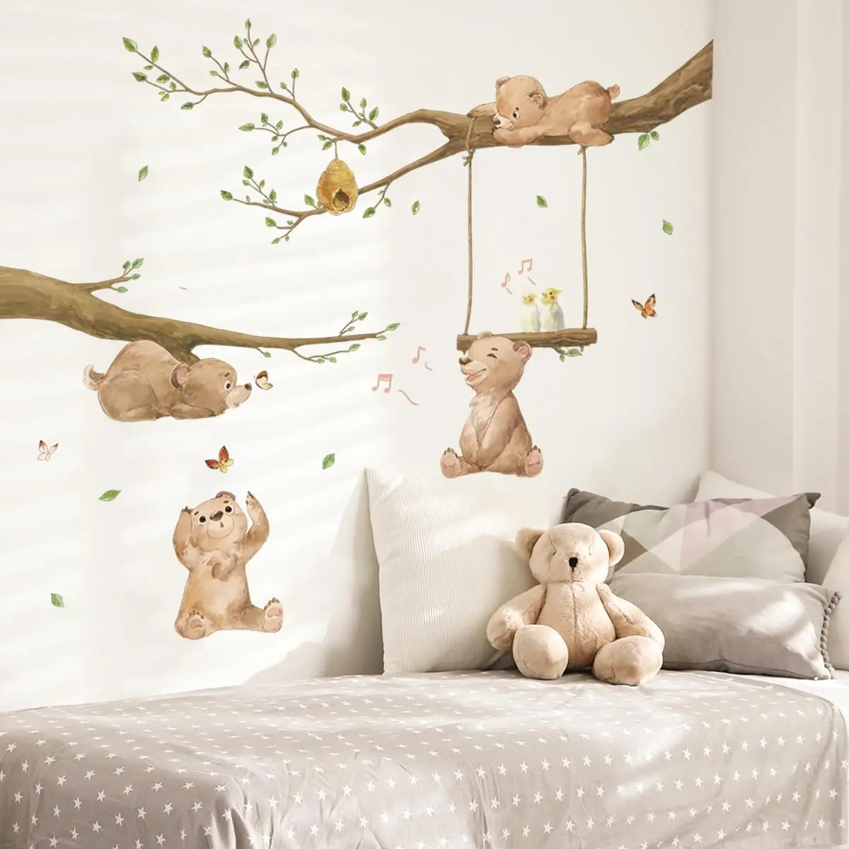 X-WPA11  Bear Wall Stickers Woodland Animal Tree Branch Wall Decals for Kids Bedroom Baby Nursery Home Decor Decoration Decorative