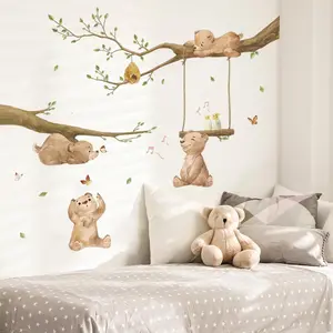 X-WPA11  Bear Wall Stickers Woodland Animal Tree Branch Wall Decals for Kids Bedroom Baby Nursery Home Decor Decoration Decorative