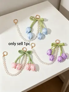 Bag Charm Fabric Tulip & Pearl Bow Keychain Simulated Pearl Accessories Available In A Variety Of Colors Gentle Beaded Charm French-Style Gentle Girly Look Fresh And Versatile Style Suitable For Commuting, Outings, And Dates