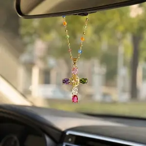 Cross Pendant Car Rearview Mirror Hanging Decor, Metal Cross Car Ornament, Home & Vehicle Decoration, Truck & Car Accessories