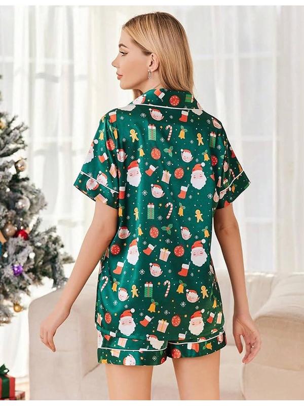 Silk Pajama Sets Womens 2 Pieces Short Sleeve Sleepwear Soft Button Down Loungewear Satin Pjs Shorts Lounge Set S XXL - Christmas Green