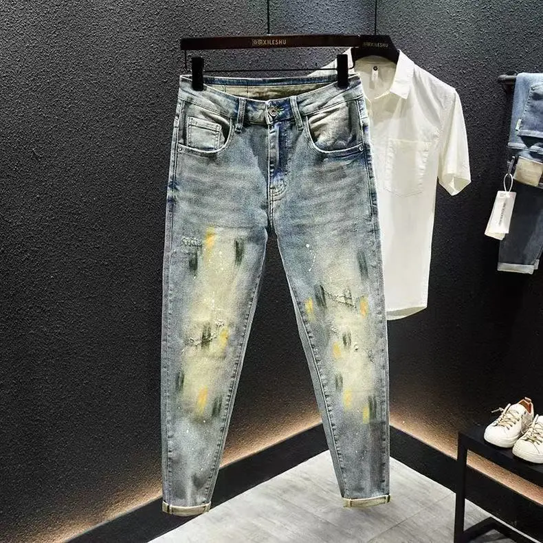 Menswear Elastized Distressed Light Blue Slim Fit Ripped Embroidery Designer Jeans for Men, Vintage Casual Denim Pants with Plain Pocket, Distressed Men's Jeans, Elastized Men's Jeans