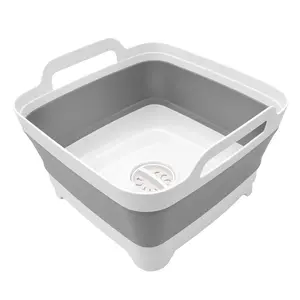 Collapsible Dish Basin, 9L/2.4Gal Portable Wash Basin with Drain Plug, Space Saving Foldable Bucket, Kitchen Sink for Camping, Vegetable Washing