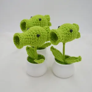 Handmade Crochet Peashooter Potted Plant, Cute Cross-border Decor for Bedroom/Office Desk/Car, Knitted Mini Plant Ornament, Plant Figurine