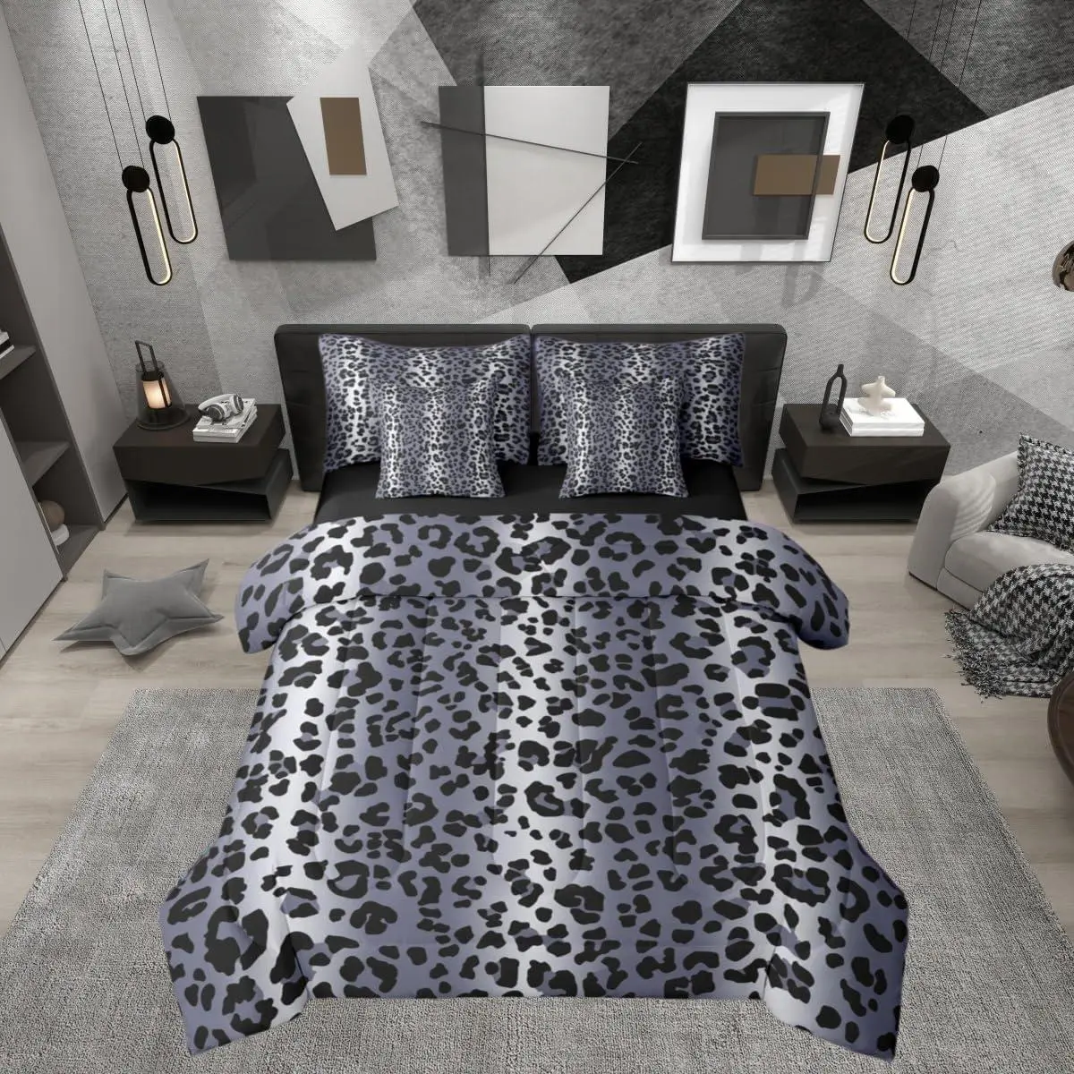 Blue Grey Cheetah Ombre Fur 7 Piece Bedding Set,| Leopard Print Comforter Set with Sheets Women Men Adults Bed in A Bag Wild Animal Skin Pattern Bed Sets, Bed Comforter Set
