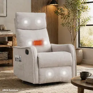 Manual Rocking Recliner Chair - ARCH Fabric Living Room Chair with Heat Massage, Square Arms, Swivel Function, Easy Assembly, Metal Frame, Beige, Living Room Chairs