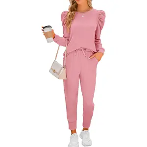 Women's 2-Piece Cute Puff Long Sleeve Crewneck Pullover & Jogger Tracksuit Outfits - Lightweight Fit Lounge Nightwear Pajama Set