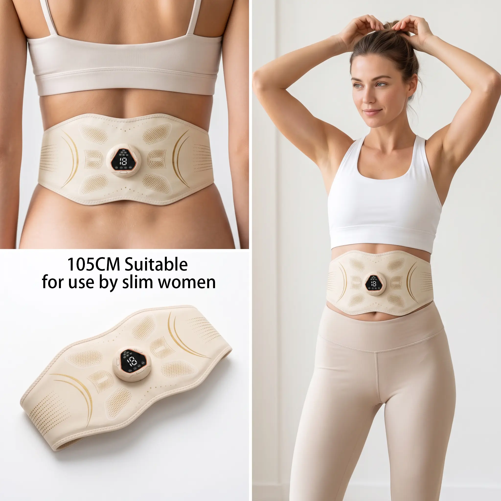 Women's Premium Beige EMS Abdominal Trainer Belt - Extended Size for Curvy Women, Rechargeable Waist Trimmer, Home Workout Essential for Summer Beach & Dorm Back-to-School Fitness