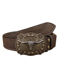 Western Cowboy Bull Belt, Vintage Bronze Bull Head Buckle, Embossed Leather, Unisex, Perfect for Rodeo, Jeans, Country Style, Statement Belt