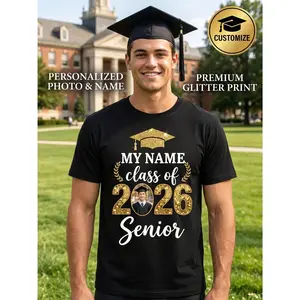 Personalized Graduation Photo And Custom Name Tee Shirt Class Of 2026 Senior Premium Golden Glitter Print Black Crew Neck Short Sleeve Casual Top Comfortable Apparel Keepsake Memory Gift for Men Boys