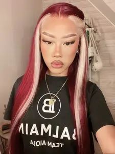 Burgundy With Blonde Highlights Lace Front Wig, Wine Red 13x4 Lace Front Wig,Heat-resistant Synthetic Fiber Wigs,Straight Blonde Wig,Cosplay Halloween Party Use (28 Inch), Synthetic Material Wigs