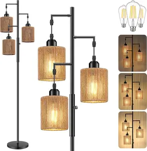 72" Tall Boho Rattan Style Floor Lamp with Hand-Woven Paper Cord Shade, Dimmable Industrial Tree Standing Lamp for Living Room, Bedroom, Study Room, Office (3 x 800LM Bulbs Included) - Black