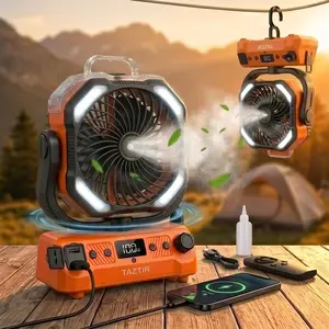 Taztir 4-in-1 Misting Camping Fan with 20000mAh Battery, USB Rechargeable, Portable Fan with LED Light & Power Bank, Remote Control, Stepless Speed for Camping & Home