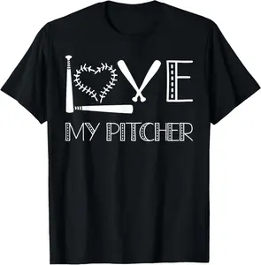 100% Cotton Love My Pitcher Cute Baseball Player Mom Catcher Pitcher T-Shirt