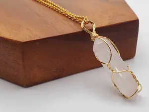 Rose Quartz Wire Wrapped Point Necklace - Gold Tone 18 Inches
