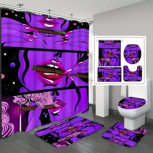 Sexy Lip Shower Curtain Set, Durable Waterproof Curtains with 12 Hooks, Non-Slip Bathroom Mat Combo, Toilet Lid, Fashionable Bath Decor, Bathroom Supplies