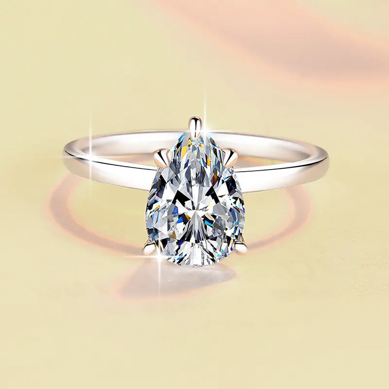 925 silver ring inlaid D color VVS moissanite, plated with 18K gold; fashionable minimalist teardrop pear-shaped moissanite ring