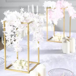 2-Pack Wedding Flower Stand Gold Metal Geometric Column Frame Rectangular - Versatile Floral Pedestal for Sophisticated Arrangements 16"
