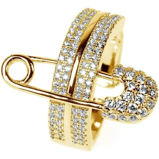 Wide Flat CZ Safety Pin Chunky Open Rings Fashion  Cubic Zirconia Paved Expandable Engagement Promise Statement Band Rings Opening Rings for Women Birthday Party 17mm