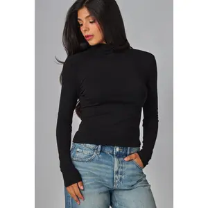 Black Fine Ribbed Turtleneck Long Sleeve Top