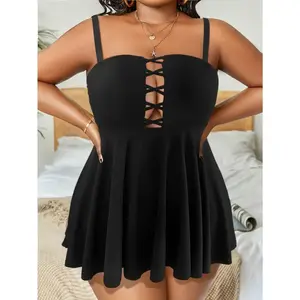 Women’s Plus Size Elegant Tankini Set, 2-Piece Lace-Up Spaghetti Straps & High-Waisted Swim Bottoms, Stretchable Comfort Fit Swimwear Tummy Control Swimsuits