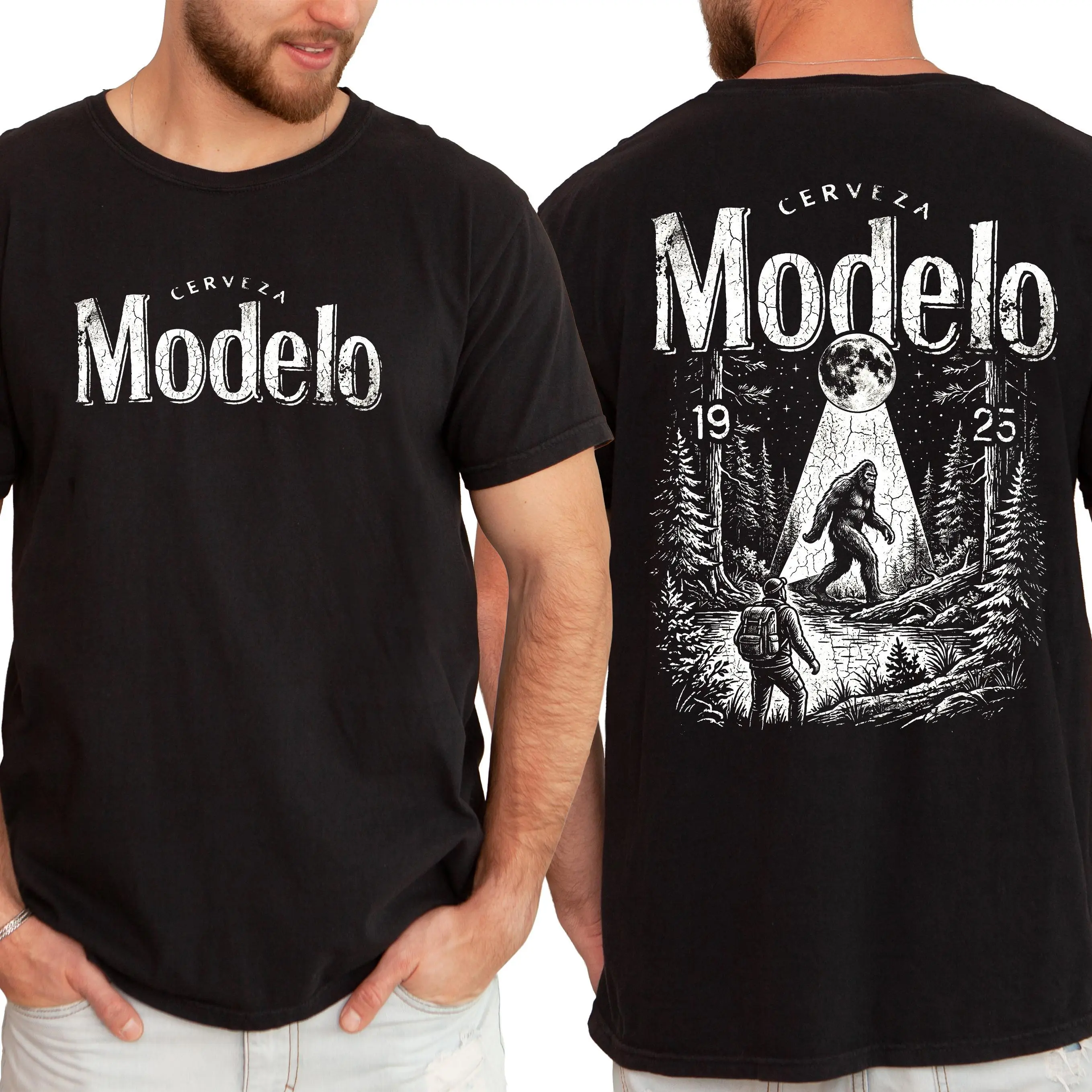 Modelo Bigfoot Comfort Colors Shirt – Garment Dyed Cotton Retro Streetwear Tee With Cerveza Modelo Letter Print, Sasquatch Design, Y2K Big foot Casual Short Sleeve Men's Summer Fashion