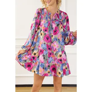 Multicolour Floral Tie Neck Bubble Sleeve Shift Dress