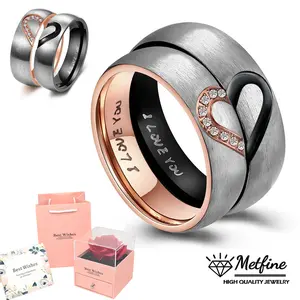 Couples Rings Set for Him and Her Wedding Rings Stainless Steel Heart I Love You Promise Rings Engagement Band Rings with Preserved  Rose Gift Box