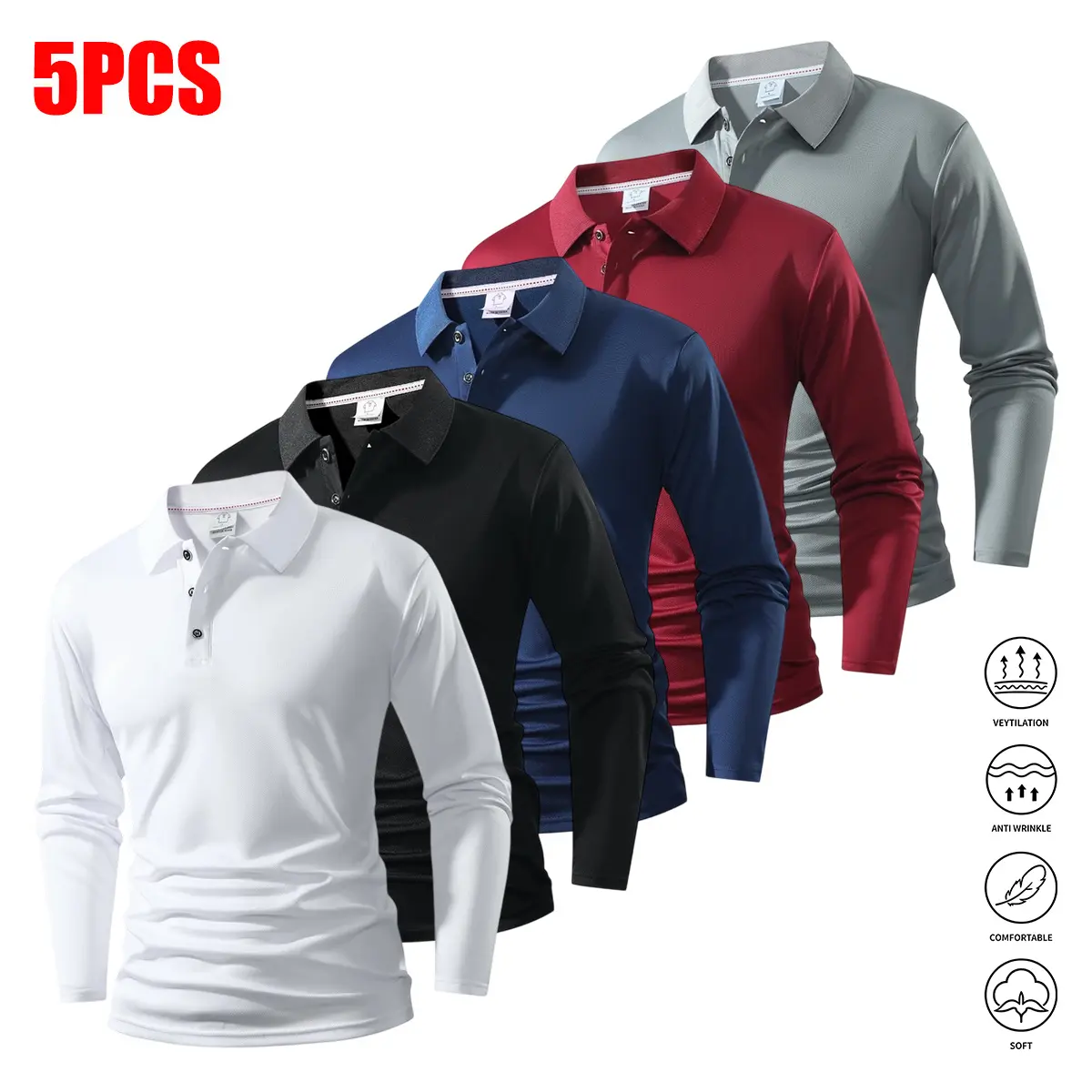 5pcs Spring Autumn Men'S Long Sleeve Polo Shirt Set, Solid Color Lapel Design, Multi-Color Available, Classic And Versatile, Suitable for Daily Office Outings, Business Reception, Shopping, Parties, Casual Sports, Hiking, Running, Golf, Tennis