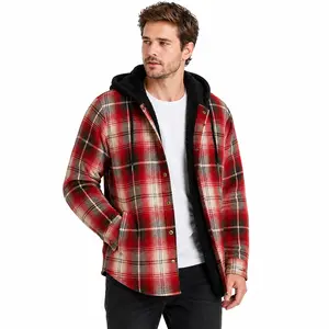 FlannelGo Men's Checked Hooded Long-Sleeve Flannel Shirt Jacket - Snap-Front Sherpa-Lined Cotton-Blend Fleece, 2 Pockets, Adjustable Cuffs, Autumn Casual Layering Basic Top