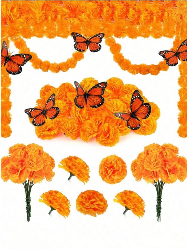 32Pcs Orange Artificial Marigold Butterfly Set Day Of The Dead Faux Flower Halloween Artificial Flower Head Marigold Garland For Diwali Decor, Traditional Decor Decorative Fruit