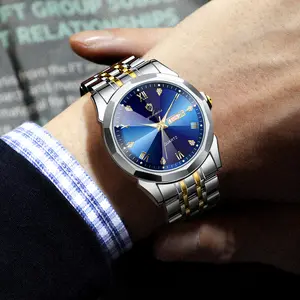 GOHUOS Men Watch Water Diamond Luxury Night Glow Double Calendar Quartz Movement Sliver gold blue Waterproof Stainless Steel Fashion Business Watch