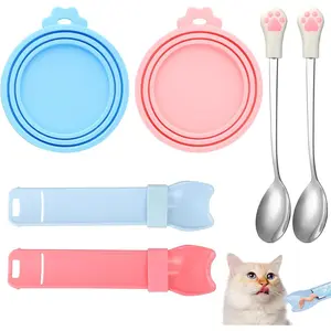 PetFusion 4 PCS Cat Food Spoon Multifunctional Cat Spoons for Wet Food Stainless Steel & Plastic 2-in-1 Design with 2 Pet Food Can Lids for Cats & Small Dogs