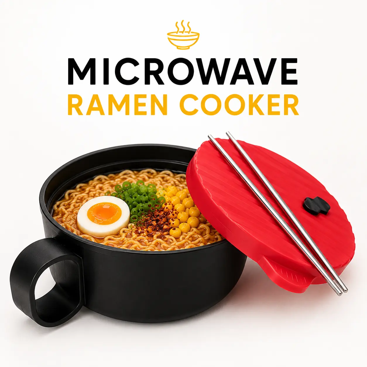 40 Oz BPA-Free Compact Microwave Noodle Cooker Set - Bowl, Lid, Chopsticks, Handle Included - Office Kitchenware Steamer for Ramen, Pasta - Tableware, Gifting Ready, Bowl Prep, Shallow Serving Bowl