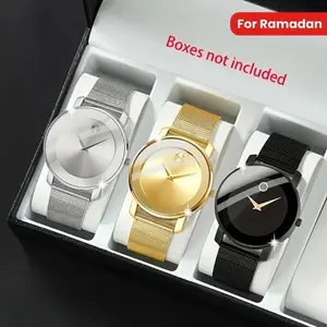 Elegant 3-Piece Quartz Watch Set, Shock-Resistant Analog Display, Round Zinc Alloy Case, Non-Allergen, Stainless Steel Mesh Strap, Middle East Collection – An ideal Ramadan gift and a present for mothers