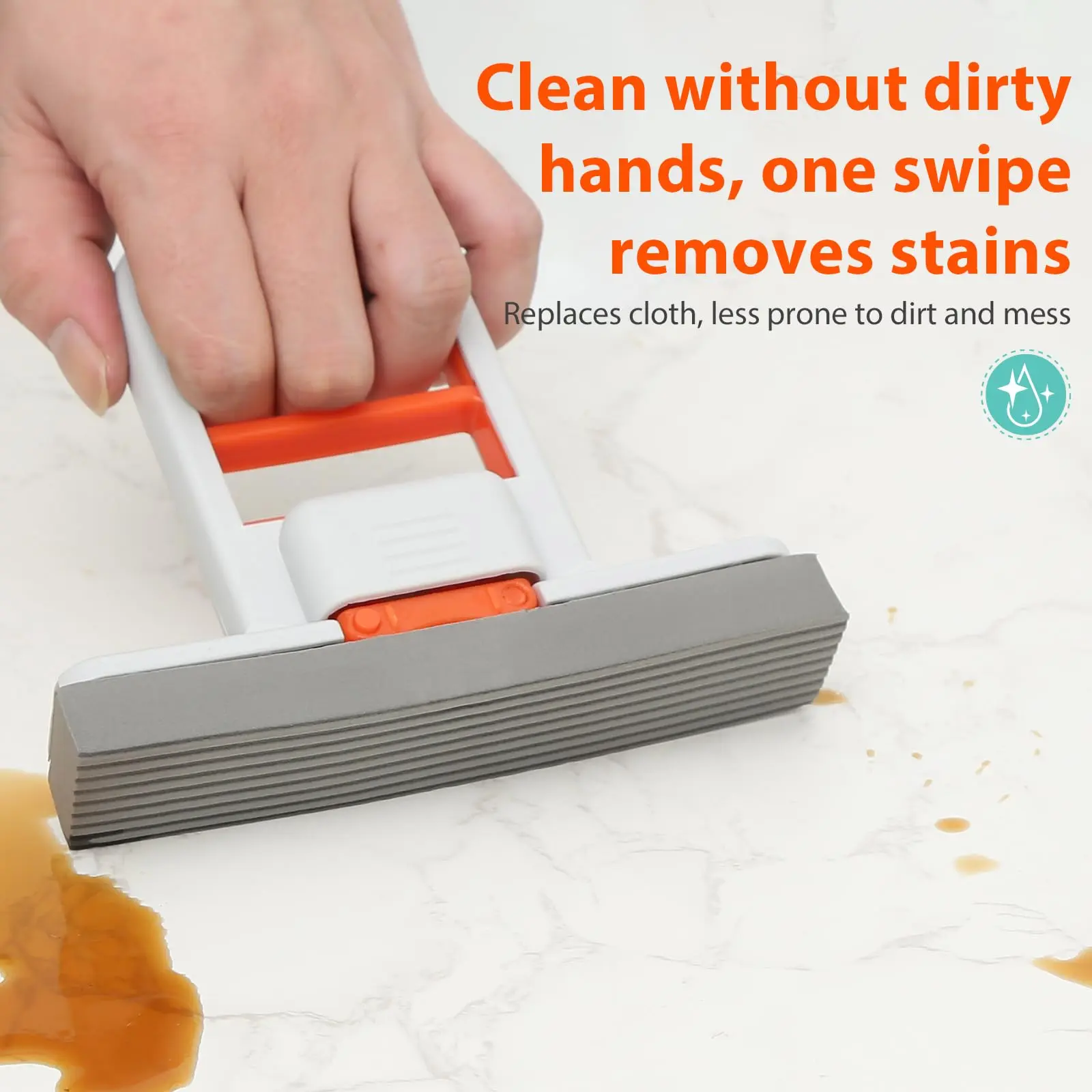 One Hand Operation Sponge Mop No Hand Washing Self Squeezing High Absorbent Cleaning Tool For Kitchen Sink Bathroom Mirror Countertop Floor