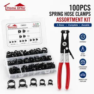 100Pcs 10/13/17/19/21mm Spring Hose Clamps, Automotive Fuel Line & Radiator Hose Clamp with Hose Clamp Pliers, 5 Sizes Low Pressure Air Clamp for Car Repairs, Silicone Vacuum Hose Fastener