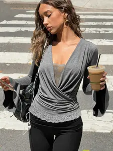 Women's V-Neck Cross Lace Patchwork Long Sleeve T-Shirt, Slim-Fitting Elegant Top, Street Style Polka Dot Design, Fashionable Casual Wear Fitted
