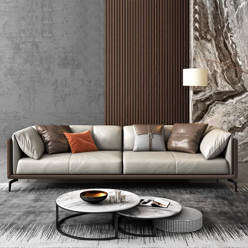 Italian Minimalist Light Gray Genuine Leather Straight Sofa, Modern Low Profile 4-Seater Couch, Luxury Living Room Sofa