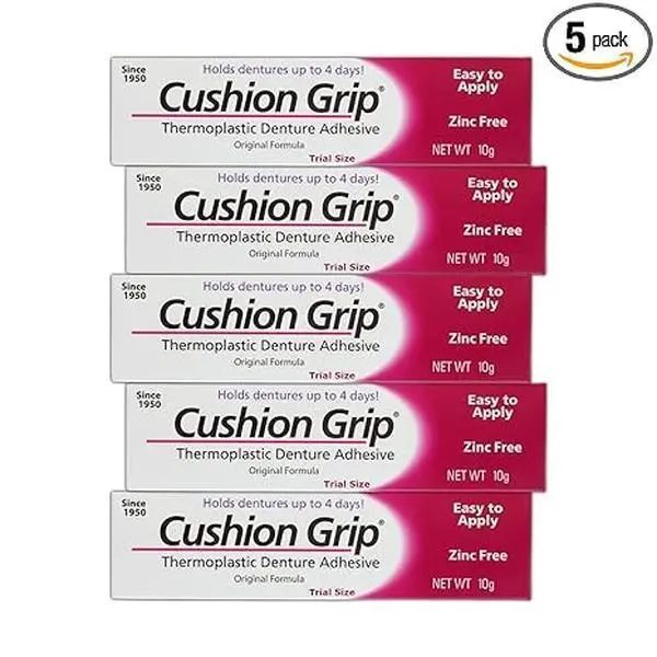 🔥 BEST SELLER!  Cushion Grip Thermoplastic Denture Adhesive, 0.35 oz Travel Size | Refits and Tightens Loose Dentures On The Go | Non-Glue Adhesive, Acts Like a Soft Reliner (Pack of 5)