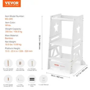 VEVOR Tower Step Stool, 3-Level Height Adjustable Toddler Step Stools for Kids, Kitchen Stool Helper, Bamboo Standing Tower Learning Stool with Safety Rail for Kitchen Counter Bathroom, 350LBS, White