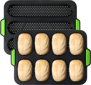Set of 2 Silicone Baguette Pan, Nonstick French Bread Bake Mold, 8 Gutter Perforated Pan for Ham Burger Buns Sandwich Rolls, 3 Wave Long Loaf Toast Baking Tray for Oven Baker